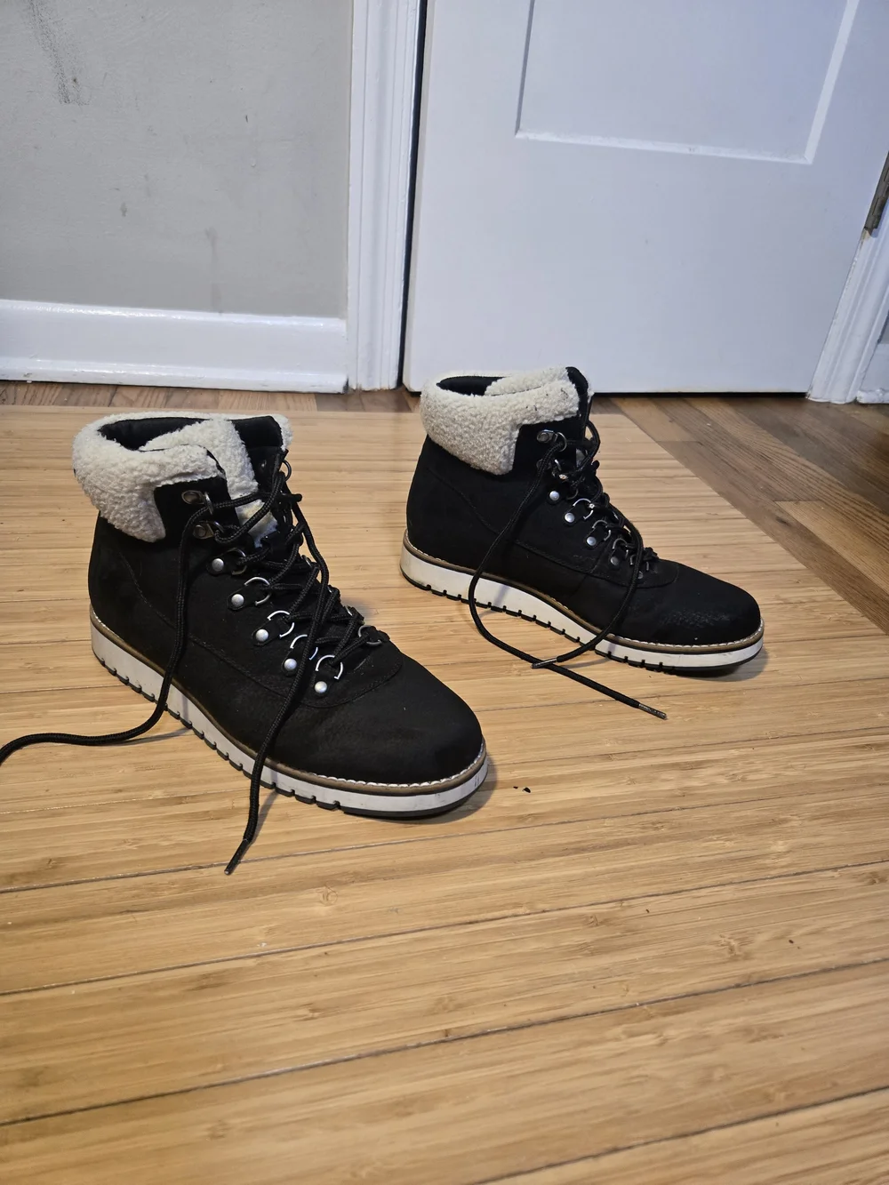 Men's Black Shearling-Trim Suede Hiker Boots